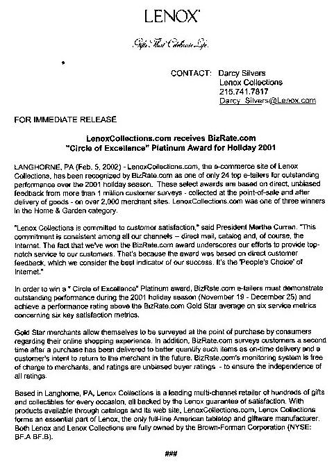 LenoxCollections.com receives BizRate.com "Circle of Excellence" Platinum Award